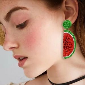 Long 3" Watermelon Slices Cute Handmade Green Red Beaded Post Festival Earrings